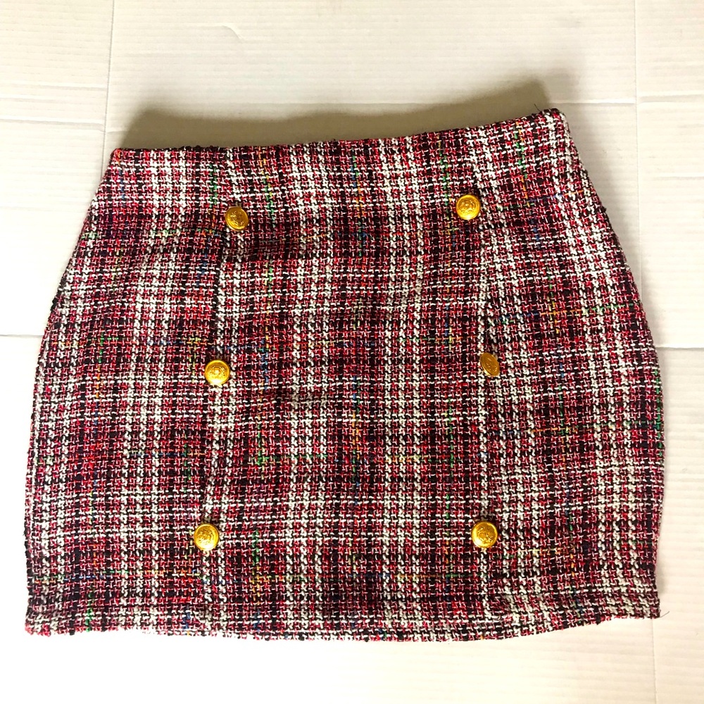 PrettyLittleThing-RED TWEED BUTTON MINI SKIRT - WOMEN MEDIUM(14)